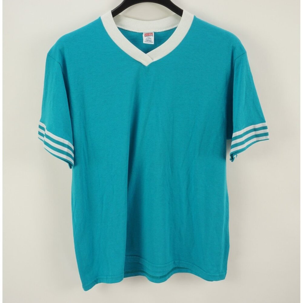 Vintage 1980s Military Store US Navy Preppy Stripe Sleeve Tee Mens XL Light Blue